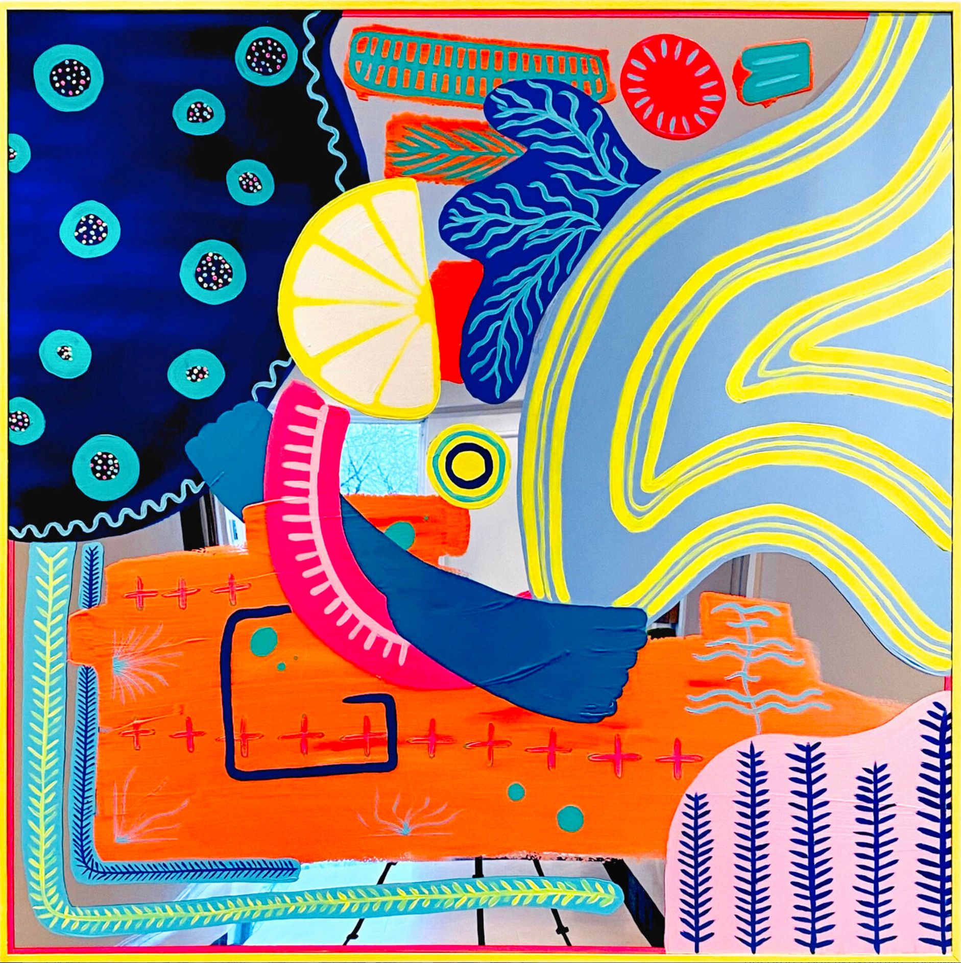Isabelle Derecque, "La gaseosa que cayó del barco" Cuadro colorista, pintado en un misterioso lugar coloreado sobre espejo plexi en estilo pop-up con colores alegres y enérgicos. Visualizado a través de la geometría, las perspectivas, los contrastes y los reflejos.
