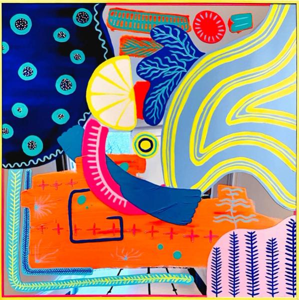 Isabelle Derecque,"The soda that fell from the boat"  Farbenfrohes Gemälde, an einem geheimnisvoll farbigen Orte auf Plexispiegel in Pop-Up Stil mit fröhlichen und energischen Farben gemalt. Visualisiert durch Geometrie, Perspektiven, Kontraste und Spiegelungen.