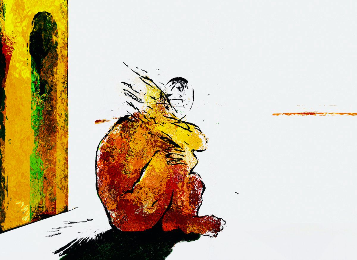 Klaus Heckhoff pittura astratta illustrazione corpo seduto davanti a tela gialla
