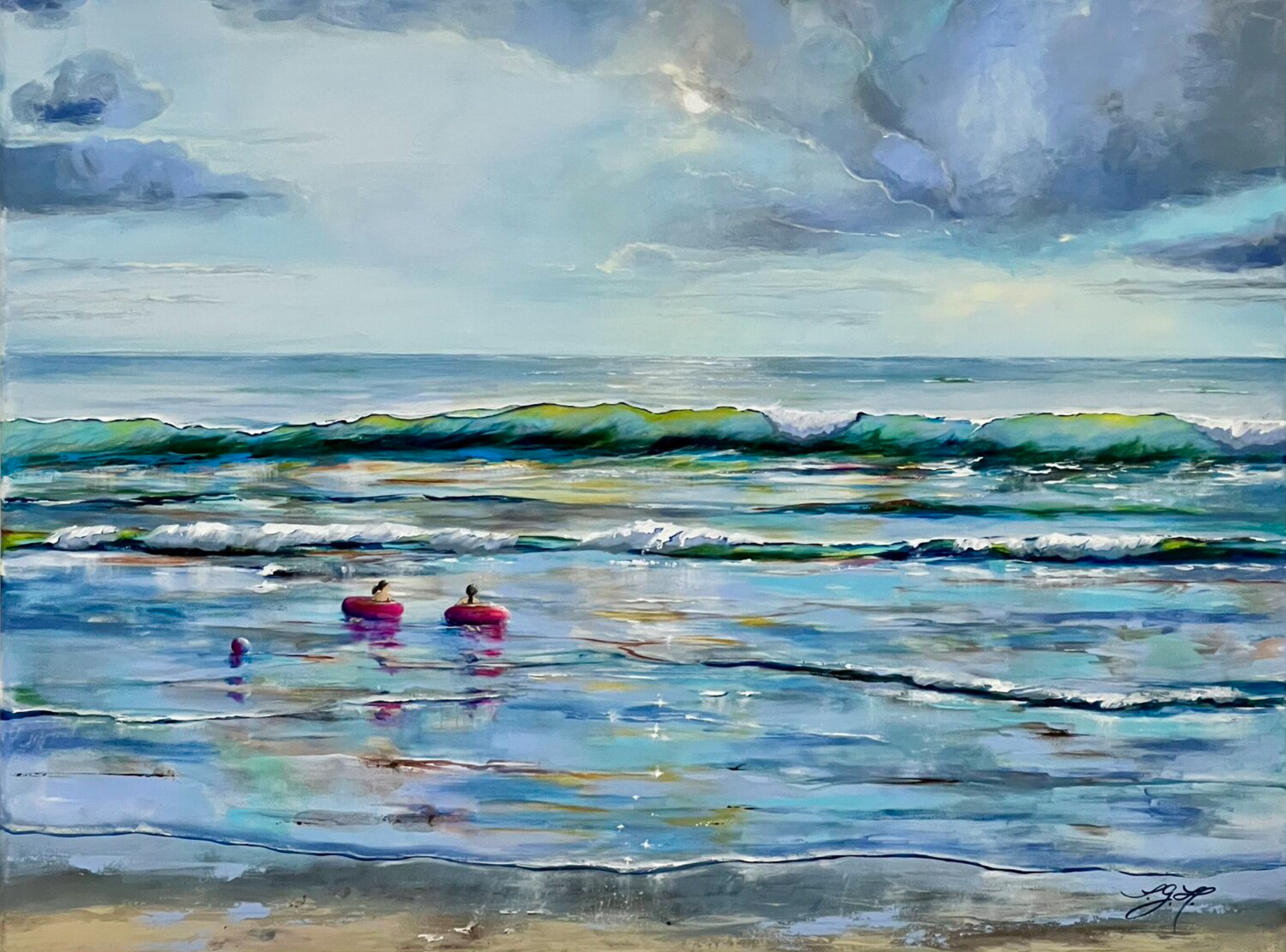 El cuadro "Summertime 1" de Sandra Gebhardt-Hoepfner muestra el verano junto al mar. El tiempo se detiene y el verano parece no tener fin. Todo es posible. Los niños flotan con sus anillos de natación rosas sobre las suaves olas del océano. Los colores principales son el azul claro, el blanco, el gris claro, el turquesa, el gris oscuro, el rosa y el marrón arena.