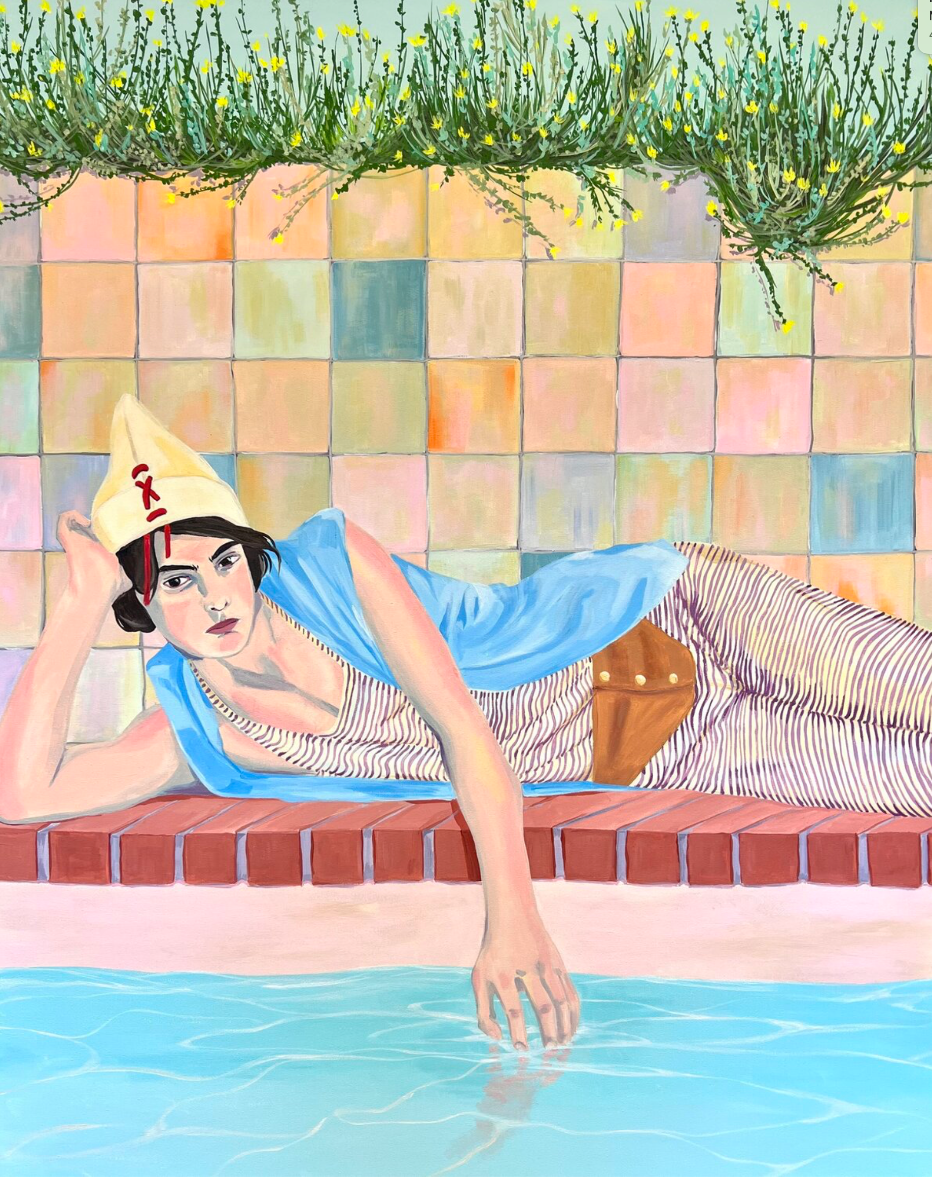 Vanessa van Meerhaeghe ist eine in Brüssel ansässige Malerin. Ihr Frauenporträt Gemälde "Pool poetry" zeigt ein atemberaubendes Porträt einer jungen Frau am farbenfrohen Pool. Vanessa liebt es, mit kühnen Mustern zu arbeiten. 