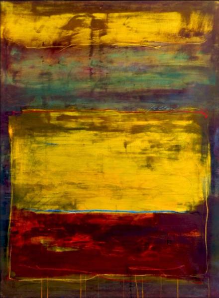 Martina Chardin Abstract Painting Brushstrokes with Blocks of Yellow Turquoise Blue Yellow and Red Paint