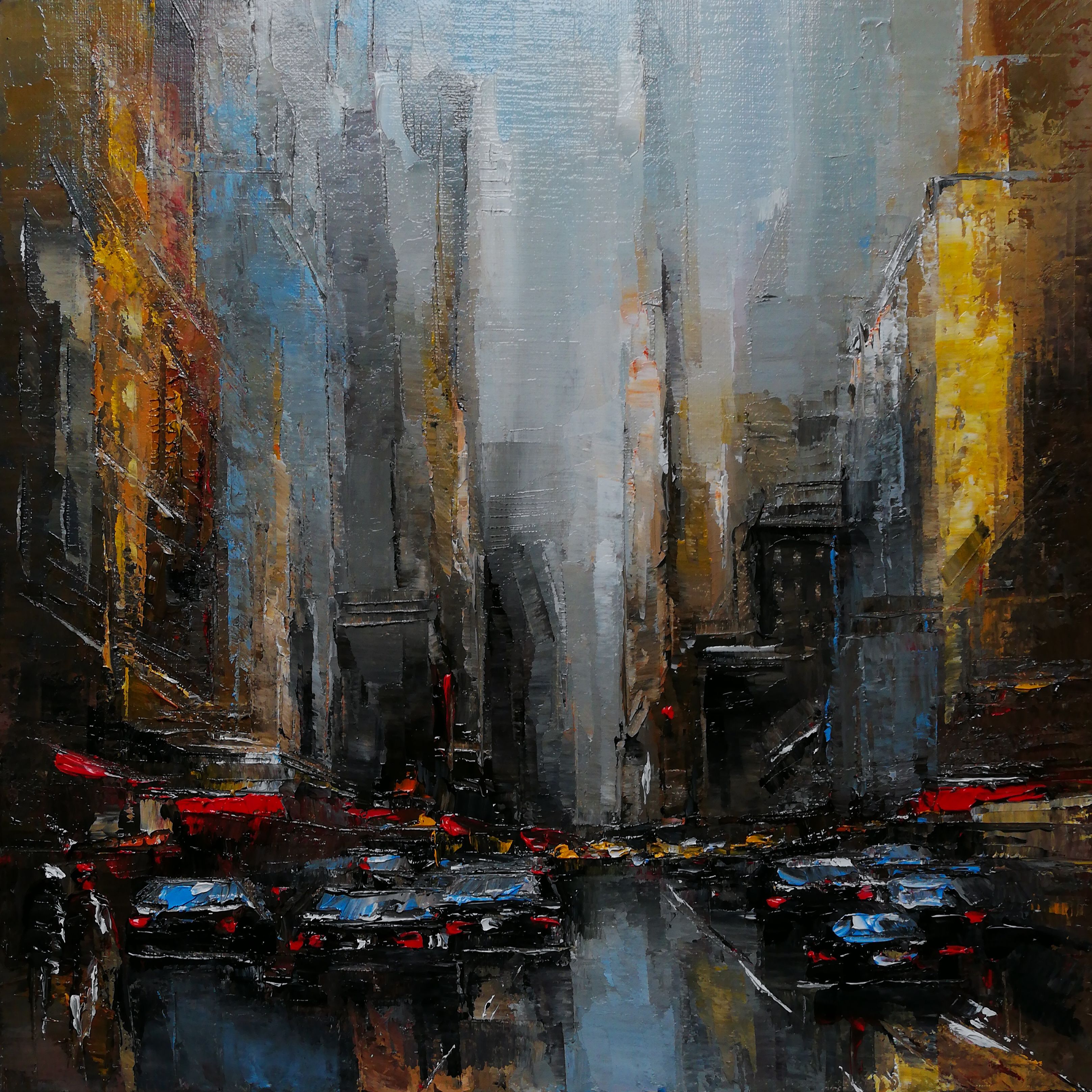 Cuadro de Philippe Meslin "Manhattan traffic Huile sur lin", es un óleo figurativo coloreado de una escena callejera de Manhattan.