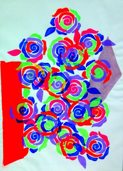 Ronny Cameron's "Between the Hedges" figurative abstrakte Malerei zeigt farbenfrohe Blumen auf Papier.