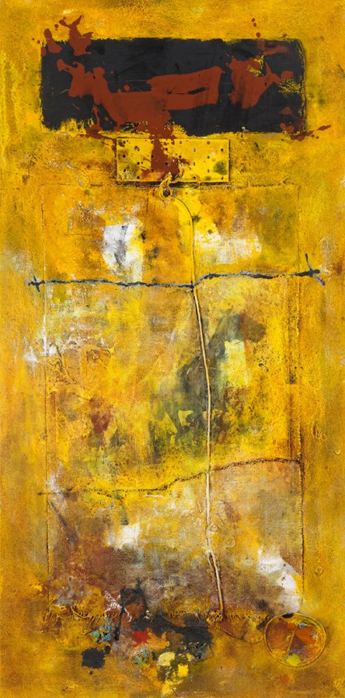 Martina Chardin abstrakte Malerei gelb mit schwarzen Akzent