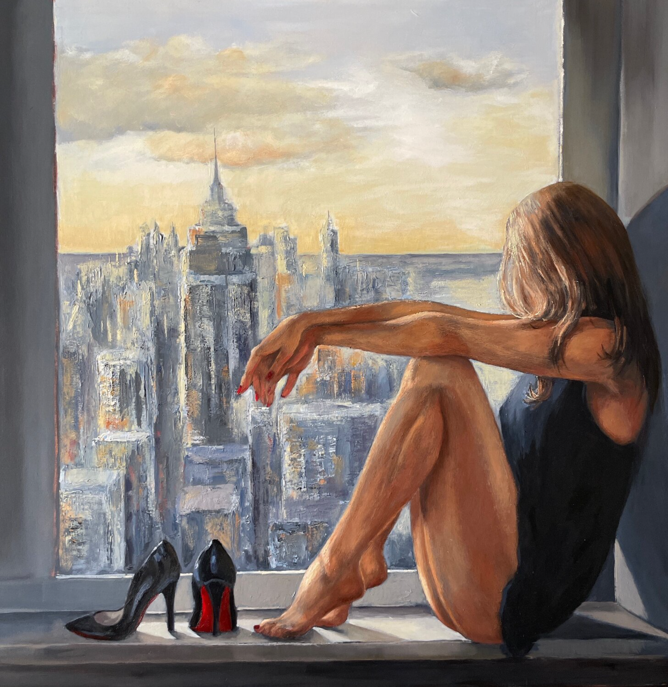 Il dipinto "New Day" di Anna Reznikova mostra una bella donna seduta su un davanzale di Manhattan.