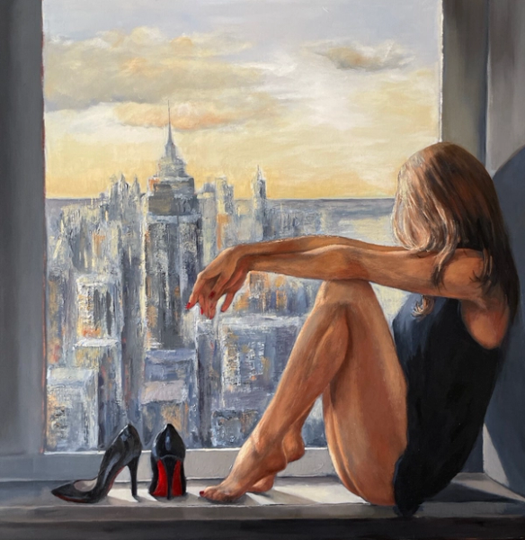 Anna Reznikova's "New Day" painting shows a pretty woman sitting on a windowsill in Manhattan.