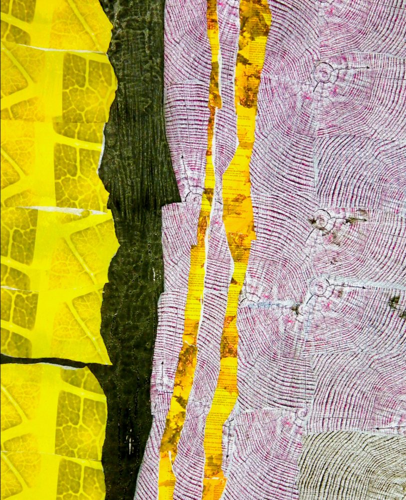 Ronny Cameron peinture abstraite papier bandes et tronc d'arbre empreinte verticale