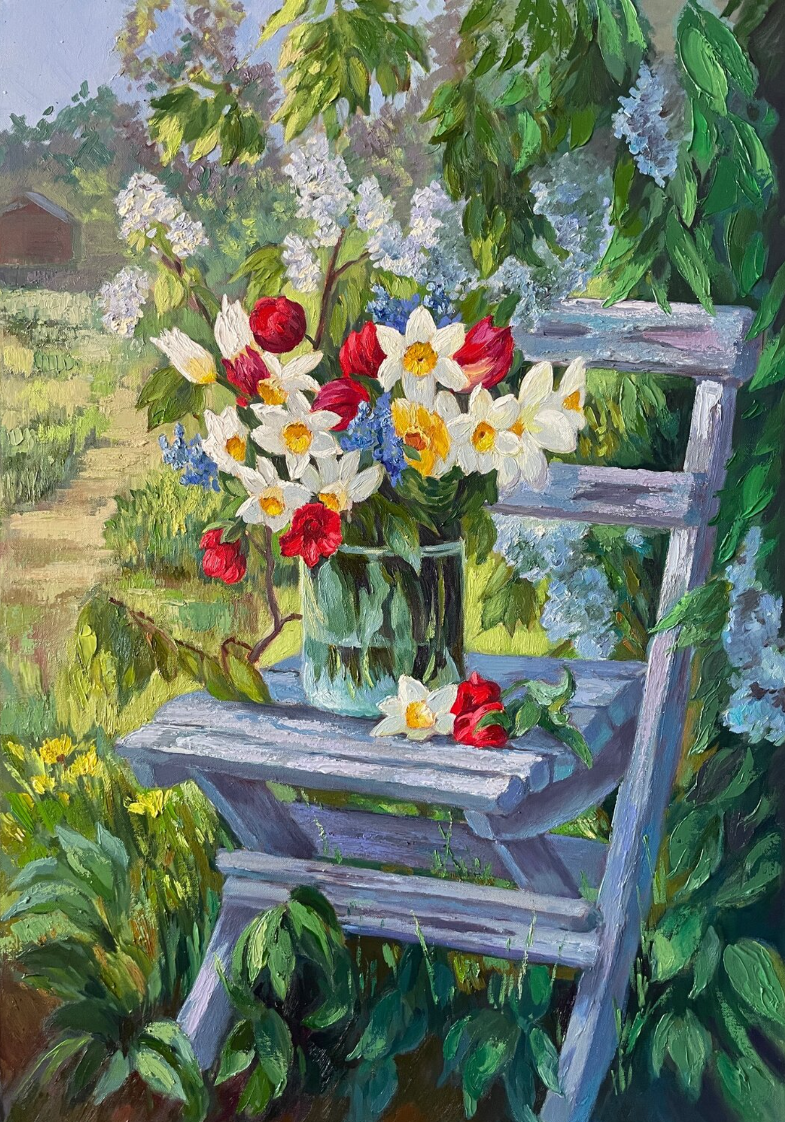 安娜-雷兹尼科娃的 "春天的花束 "展示了，一幅彩色的画，一个壮丽的花园。  一幅花卉构图，五颜六色的夏季花卉。