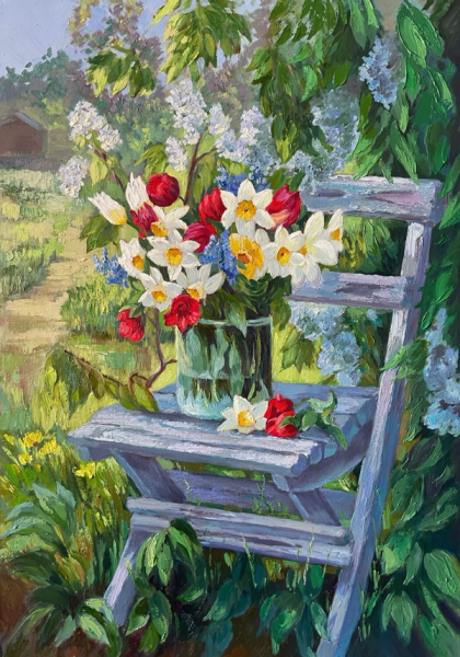 Anna Reznikova's "Spring Bouquet" zeigt, ein farbenfrohes Gemälde, einen herrlichen Garten.  Eine Blumenkomposition, mit bunten Sommerblumen. 