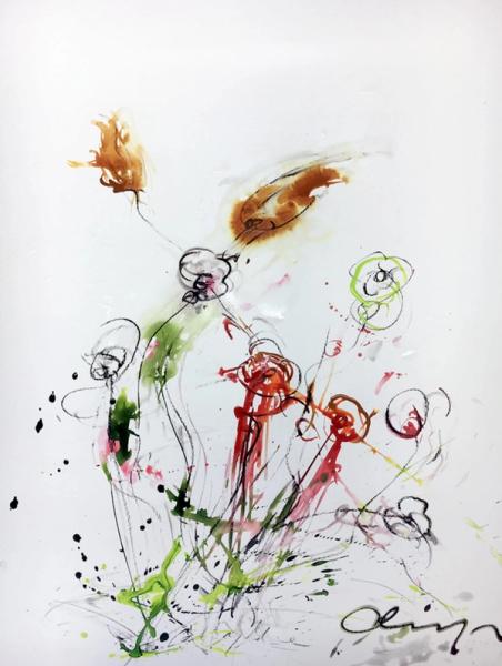 Marie-Paule Olinger abstrakte Klecks Malerei rote Blumen