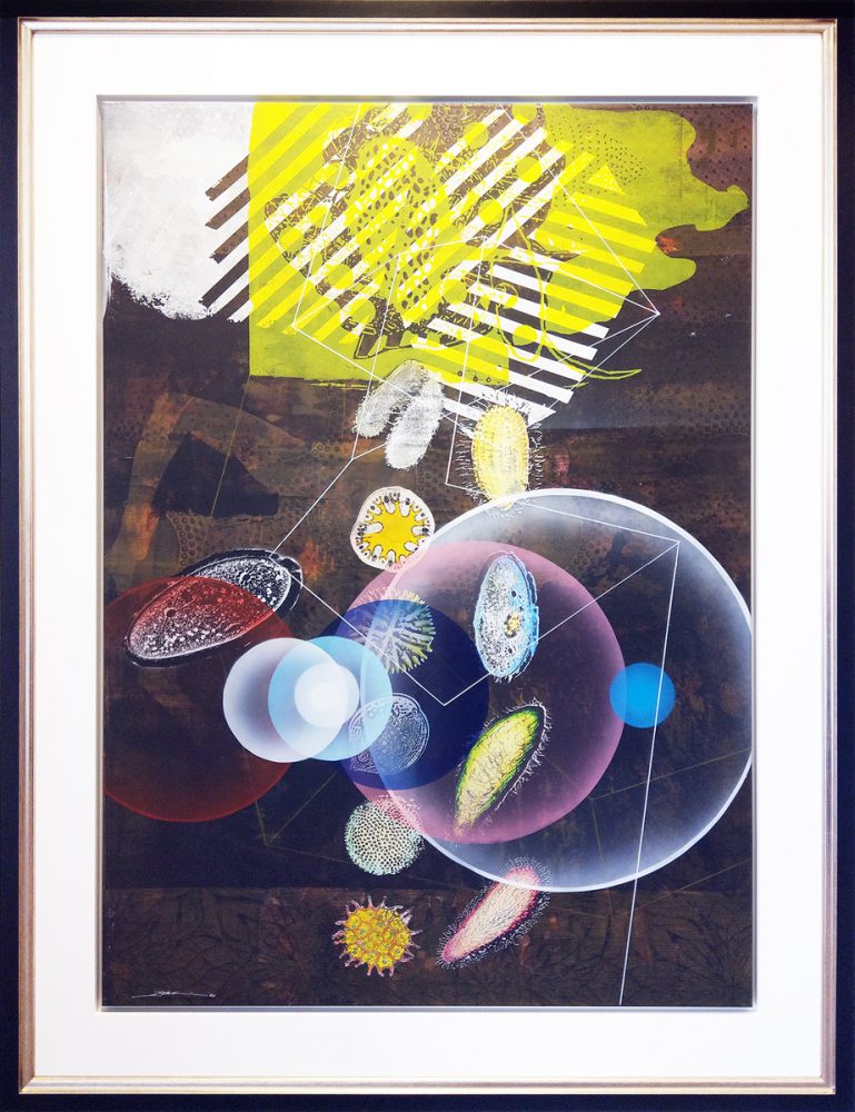 Dieter Nusbaum abstrakte Malerei Siebdruck bunte Zellen geometrische Illustration Überlagerung Farbe