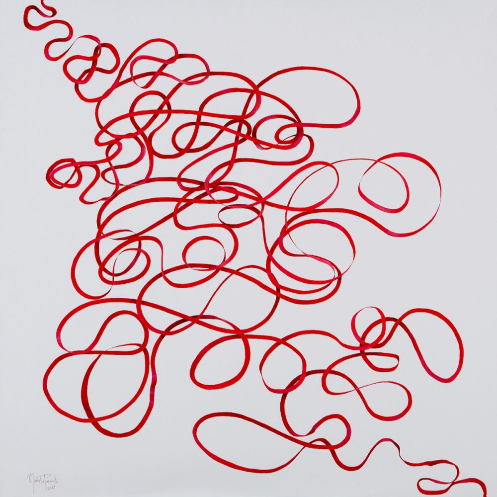 Maria Pia Pascoli abstrakte Malerei roter kringeliger Faden