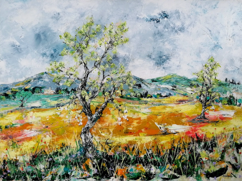 Jean-Pierre Borderies Bild "Le temps est à l'orage" ist ein farbenfrohes figuratives Landschaftsgemälde. 