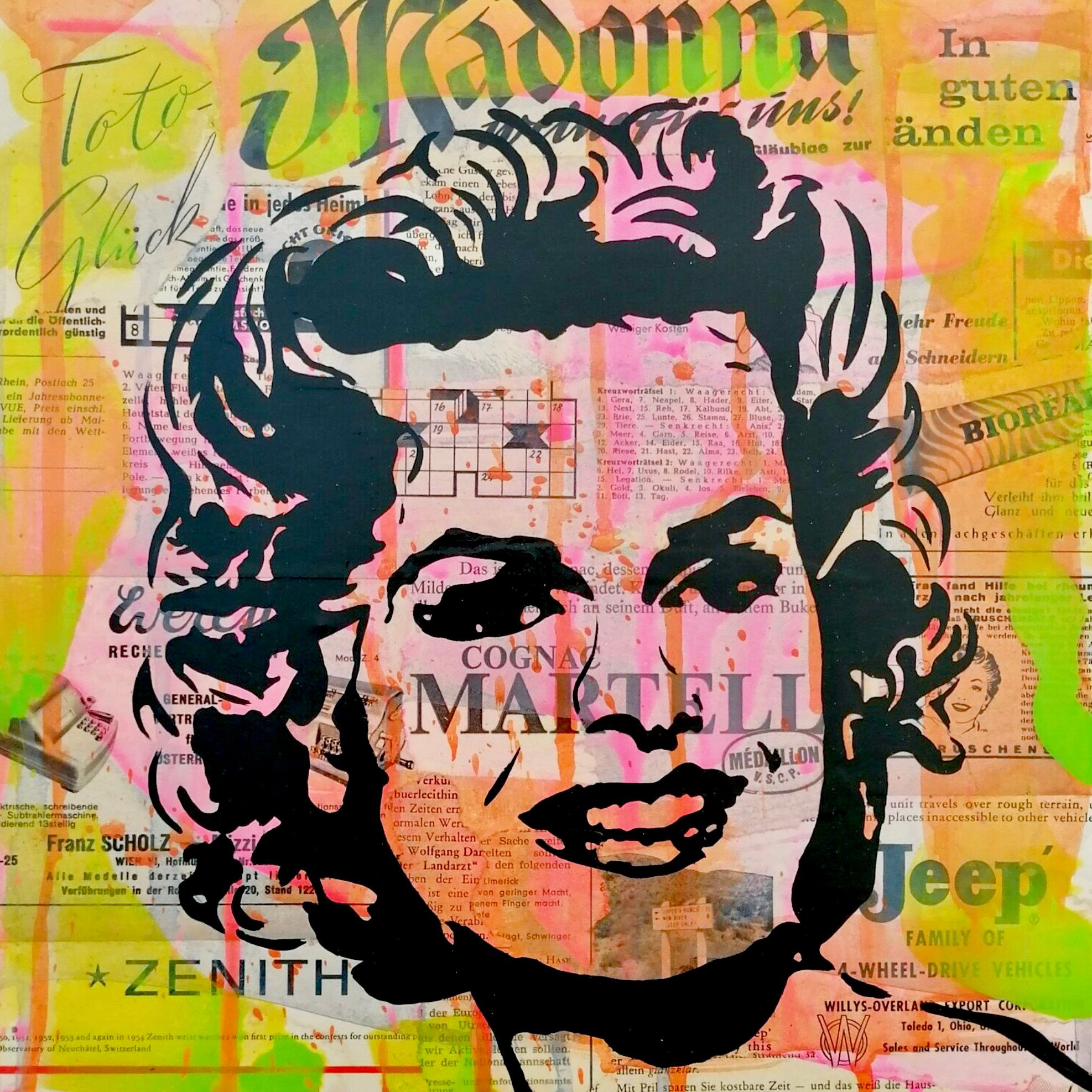 Holger Zimmermann's "Madonna" farbenfrohe Pop-Art Fotocollage mit digitalen Überlagerungen.
