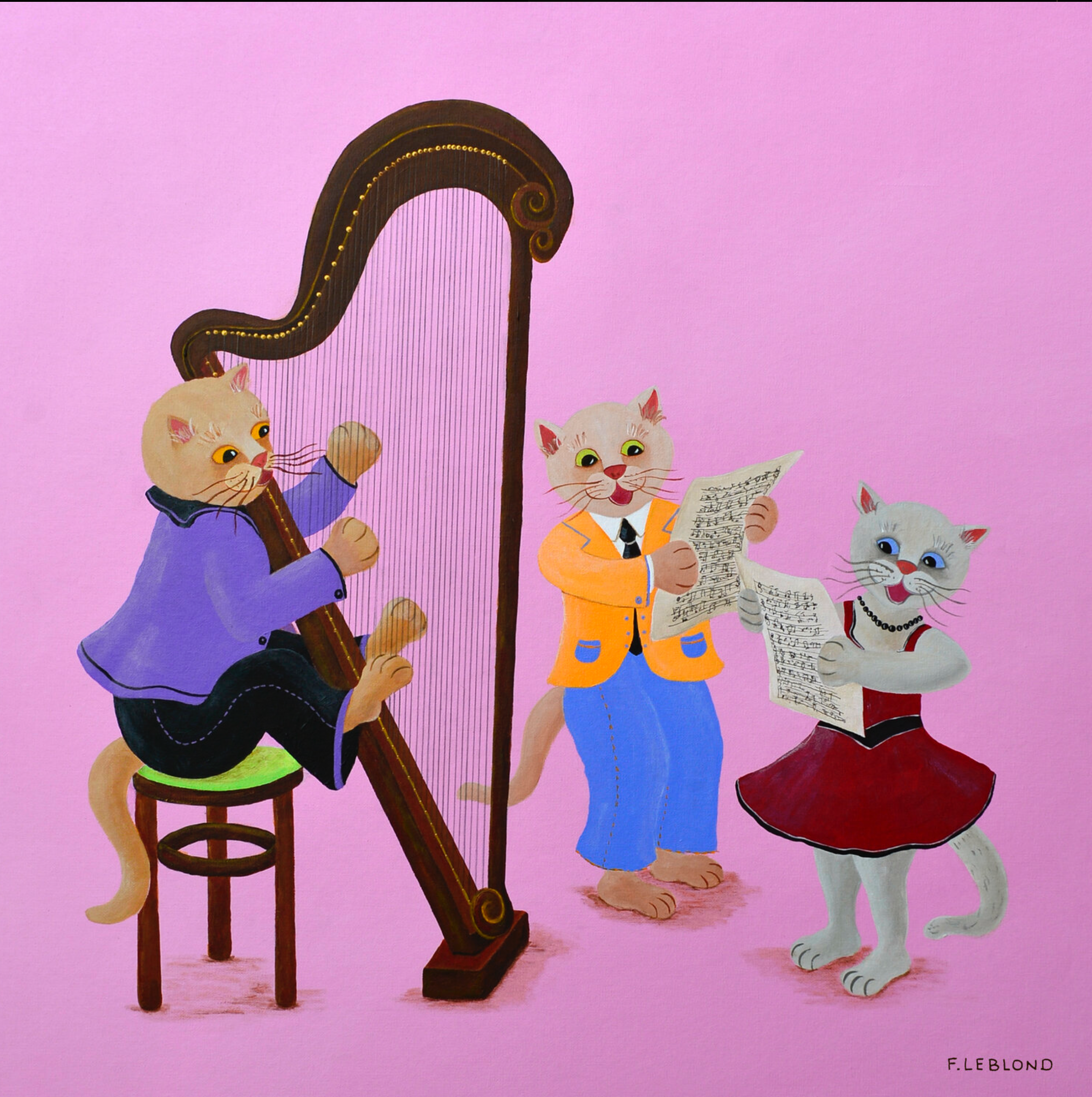 Le Trio" de Françoice Lablond révèle un trio de chats musiciens dans des tableaux colorés sur fond de musique de chambre