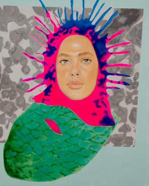 Elena Panknin abstrakte Malerei naturalistisches Frauen Gesicht mit pinker Haube grünem Fisch Körper