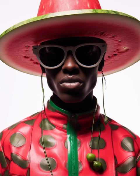 Bonny Carrera's AI-generated portrait image ‘Watermelon Man’ shows a coloured man with a watermelon outfit.