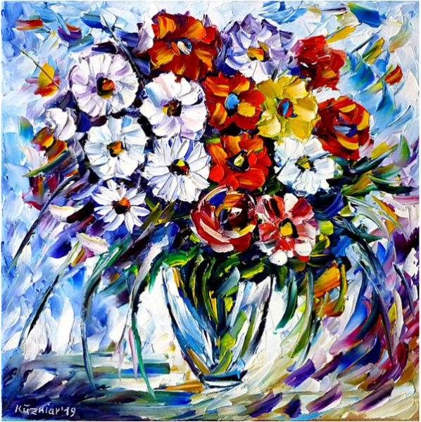 Mirek Kuzinar Malerei grobe Pinselstriche bunte Blumen in Vase auf blauem Hintergrund 