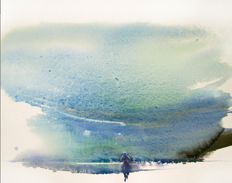 Sylvia Baldeva's "Dans la plaine" zeigt eine Landschaft, Landschaft, Ebene, Reiter, Himmel, Expressionismus,  Aquarell auf Canson®-Papier. Farbe Blau, Türkis, Grün.