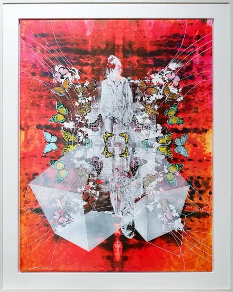 Dieter Nusbaum abstrakte Collage Frau  und Schmetterlinge mit geometrischen Formen