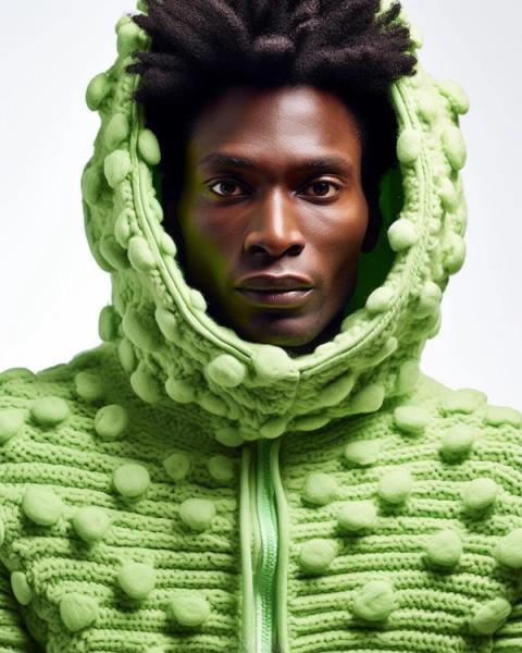 Bonny Carrera's AI-generated portrait image ‘Peas Fashions’ shows a man in a pea jumper outfit.