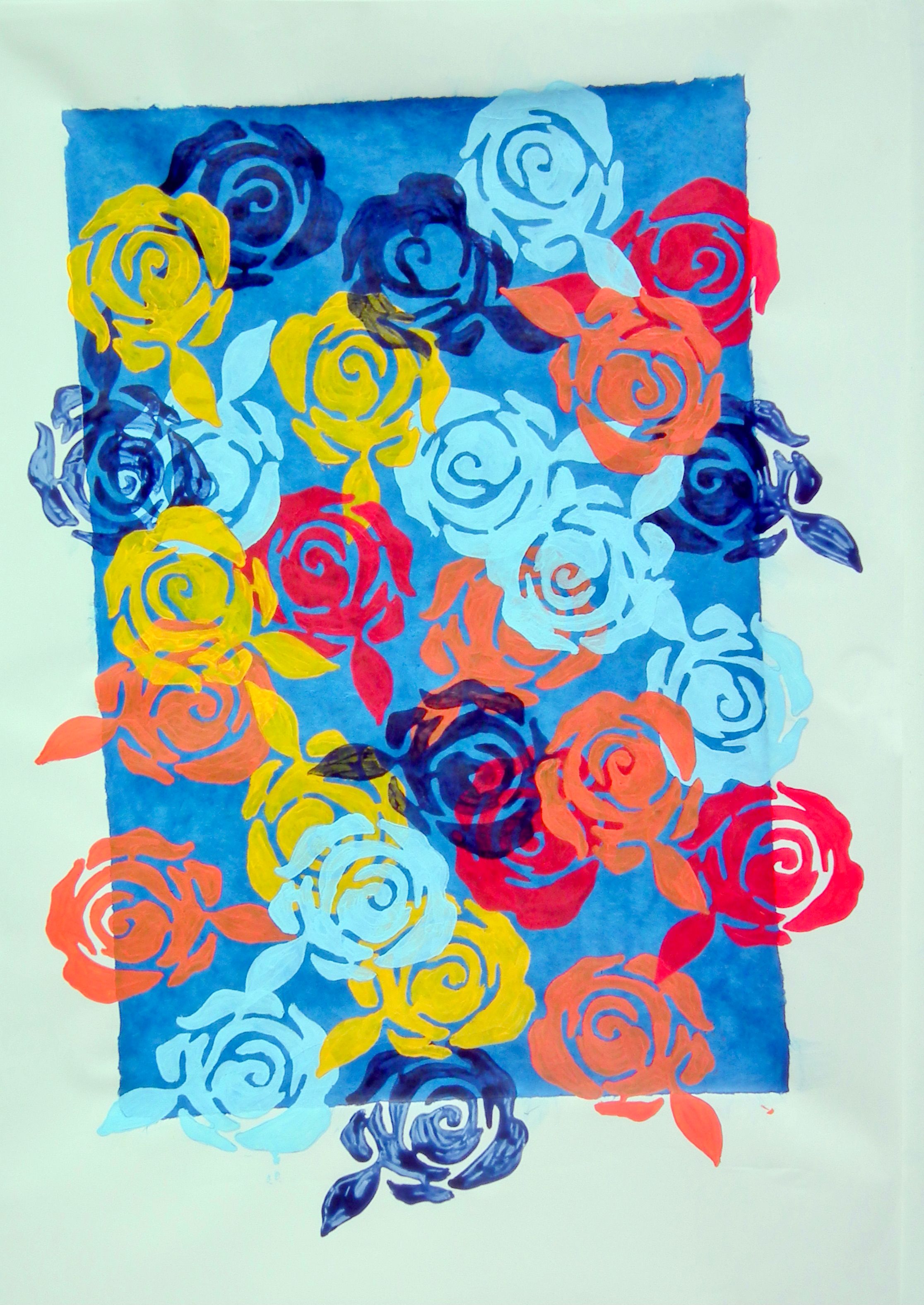 Ronny Cameron's "Flower Basket" figurative abstrakte Malerei zeigt farbenfrohe Blumen auf Papier.