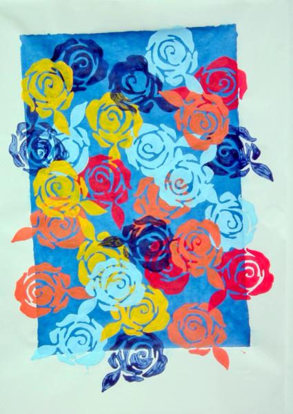 Ronny Cameron peinture abstraite jute et papier moulé en rose bleu foncé et blanc