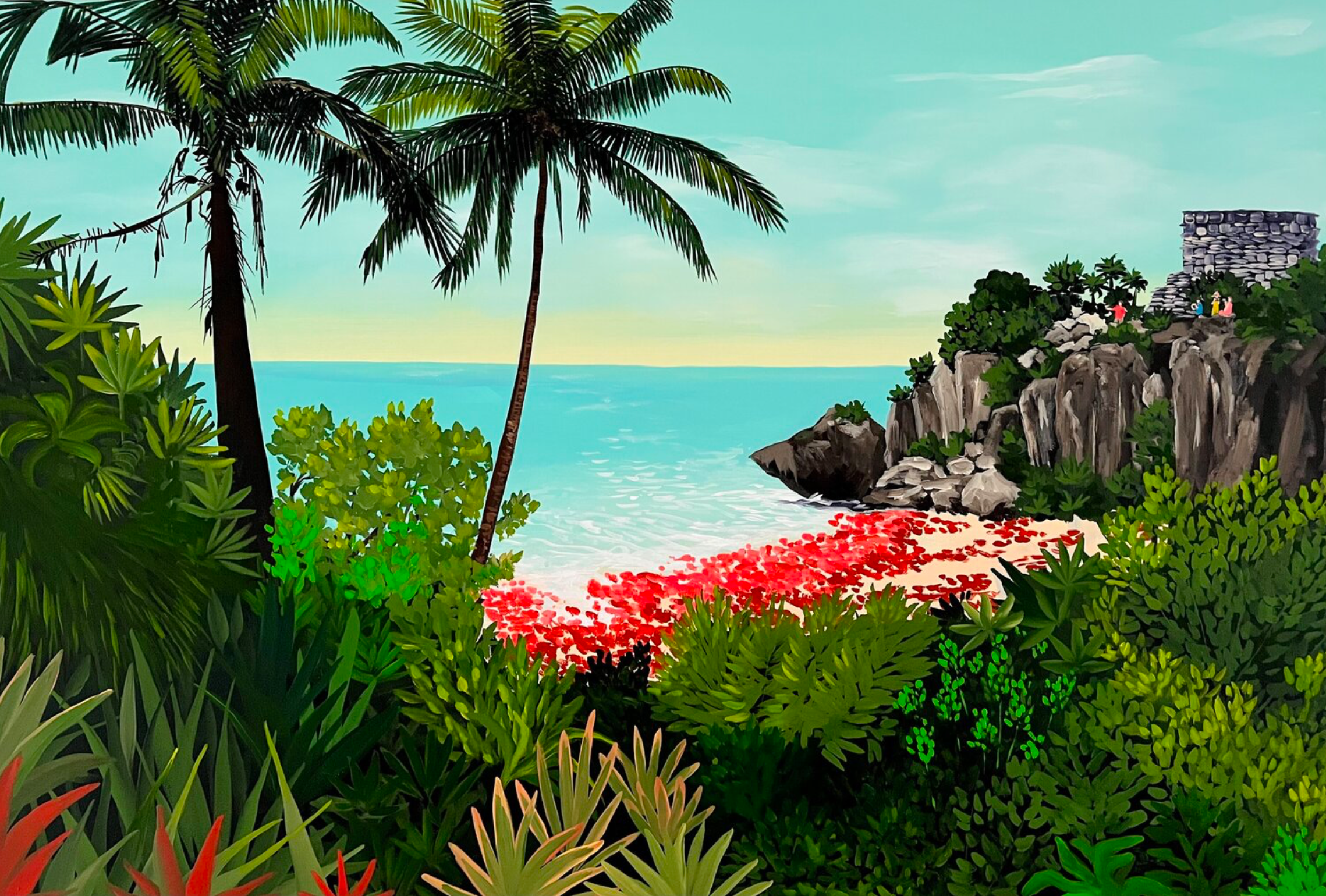 Vanessa van Meerhaeghe ist eine in Brüssel ansässige Malerin. In ihrem Gemälde "Red Sargassum"  fängt die Künstlerin die Maya-Ruinen vor dem Hintergrund eines mit rotem Sargassum bedeckten Strandes ein.