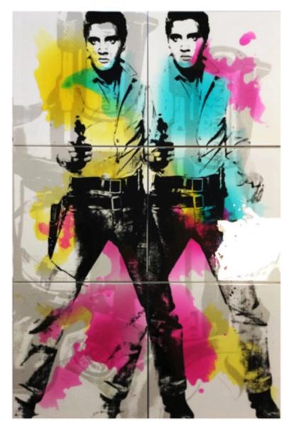 Jürgen Kuhl silkscreen illustration Elvis Presley with revolver and colourful blobs of paint