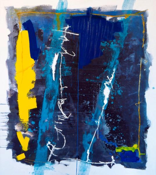 Martina Chardin abstrakte Malerei blau mit gelbem Akzent