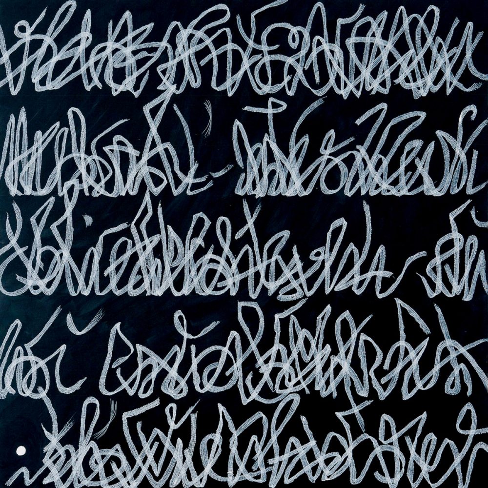 Maria Pia Pascoli pintura tipografía escritura ilegible sobre negro