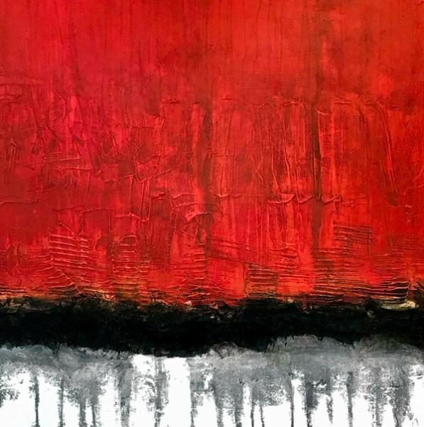 Oliver Messas "Horizon 006 " Abstrakte Malerei in Rot.