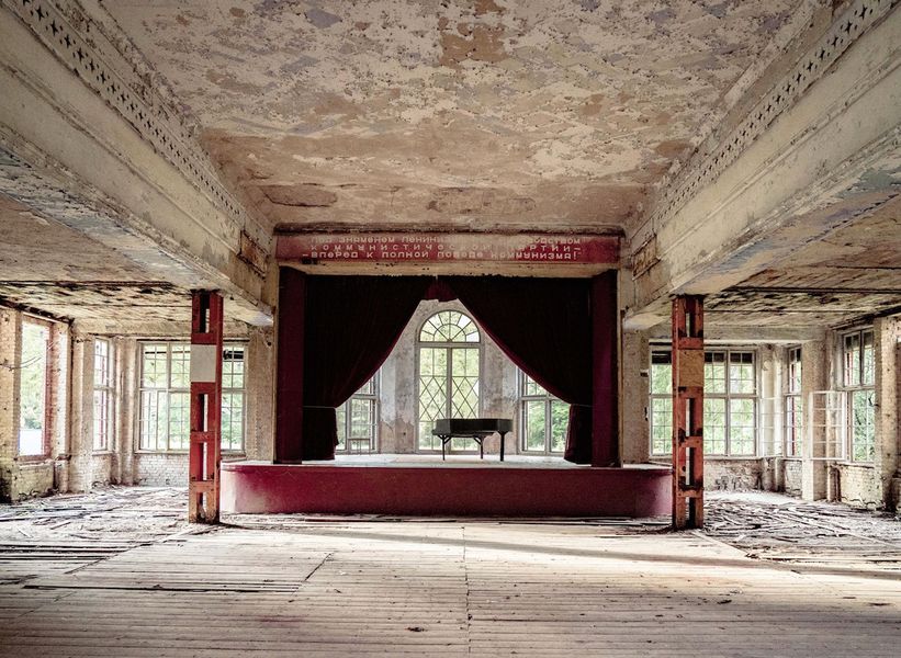 Georgia Ortner lost place photography old theatre ballroom with piano on stage