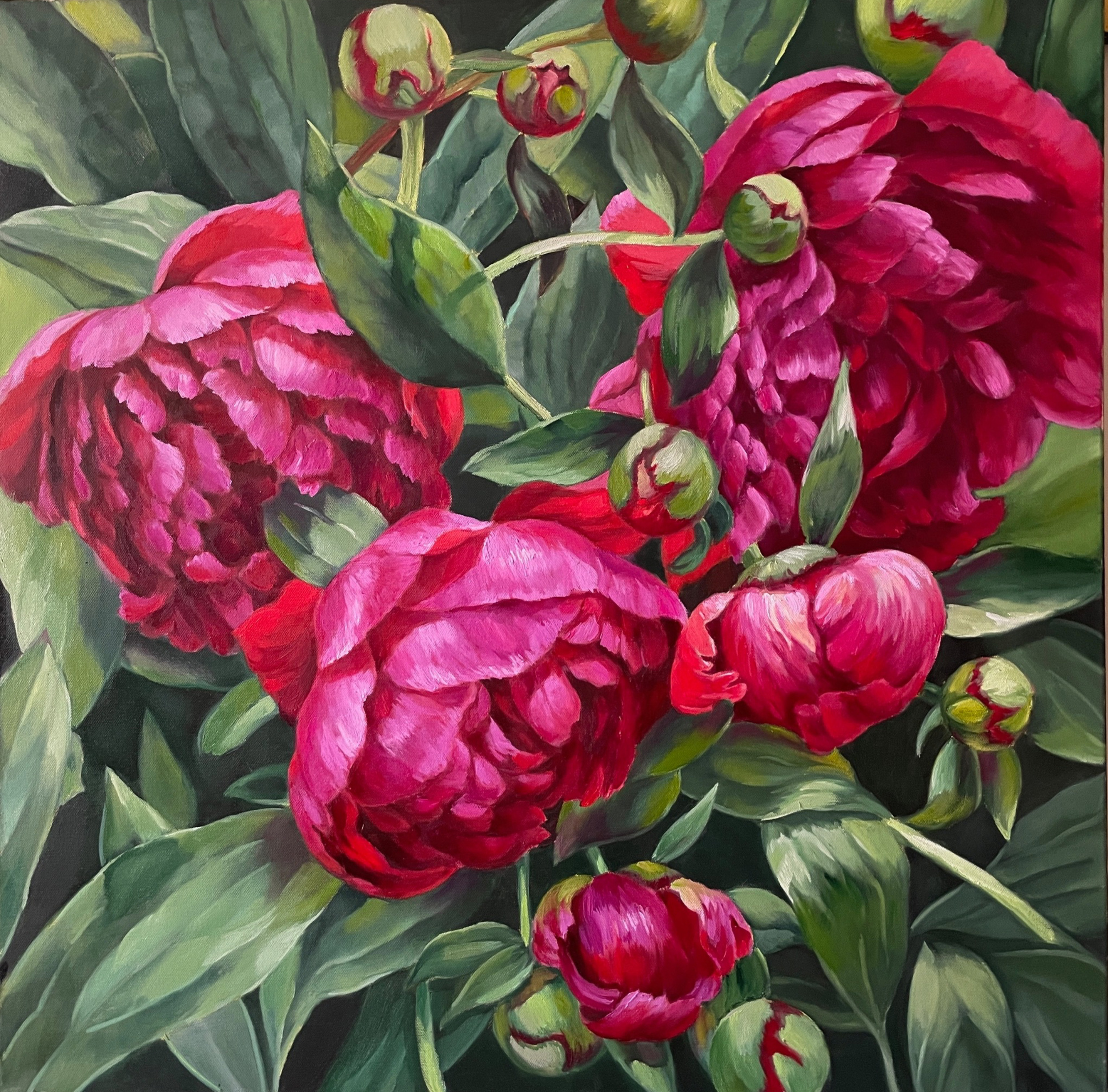 El cuadro "Sinfonía rosa silenciada" de Anna Reznikova muestra, con voluminosos trazos en técnica de impresión y con pinceles pintados sobre el lienzo, un precioso cuadro de flores. Las flores están pintadas de rosa, rosa y rojo, con hojas de color verde claro.