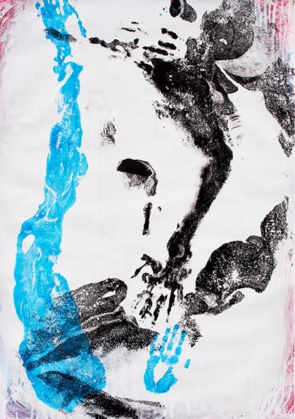 Hushang Omidizadeh abstract painting body print of a woman in black and blue