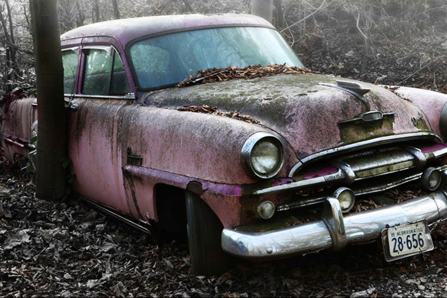 Martina Chardin Photography old abandoned pink vintage car in the forest