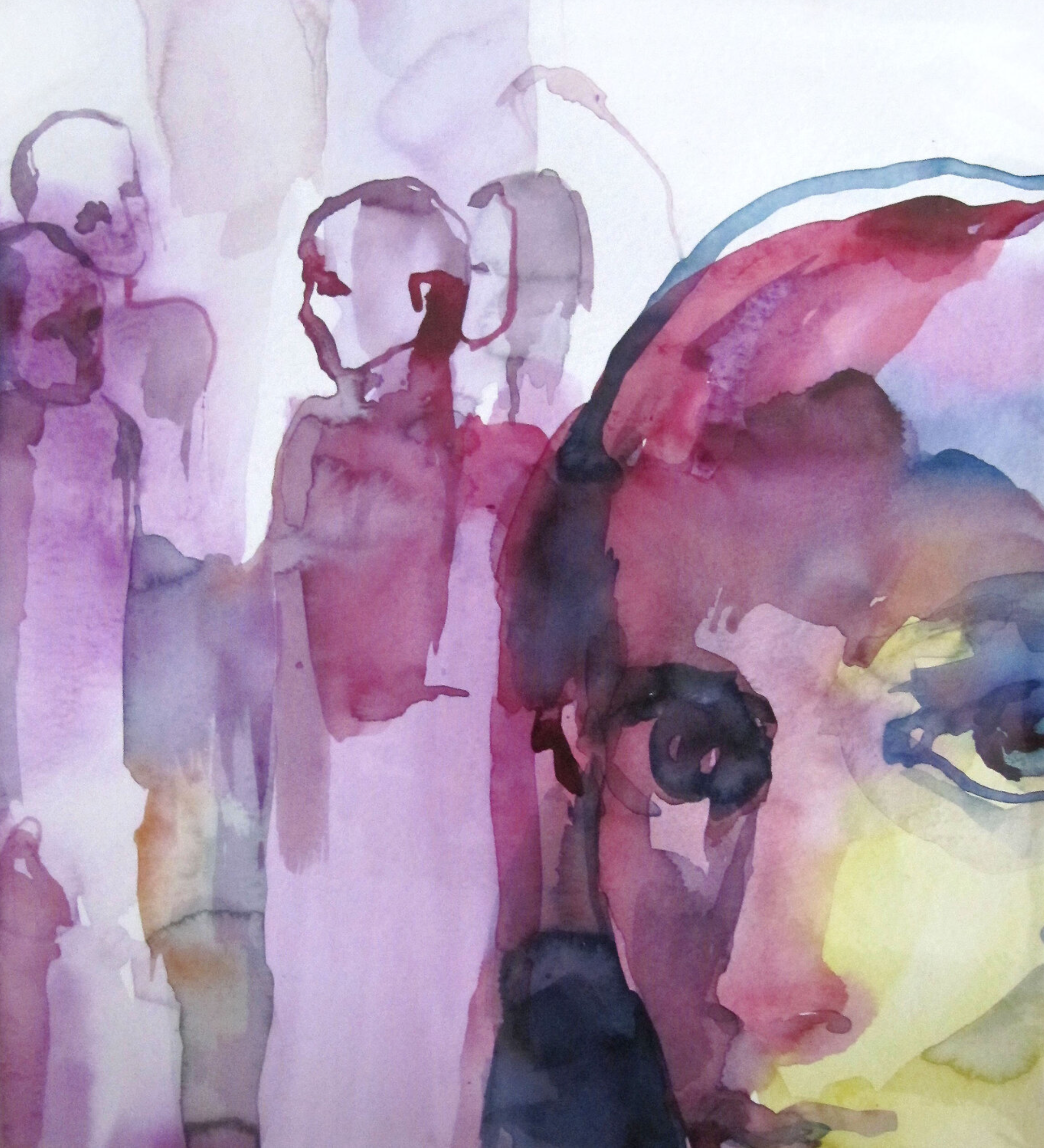La peinture "Complot" de Sylvia Baldeva montre une scène de vie, des personnages, un visage au premier plan, un portrait, des silhouettes. Couleurs principalement violettes.