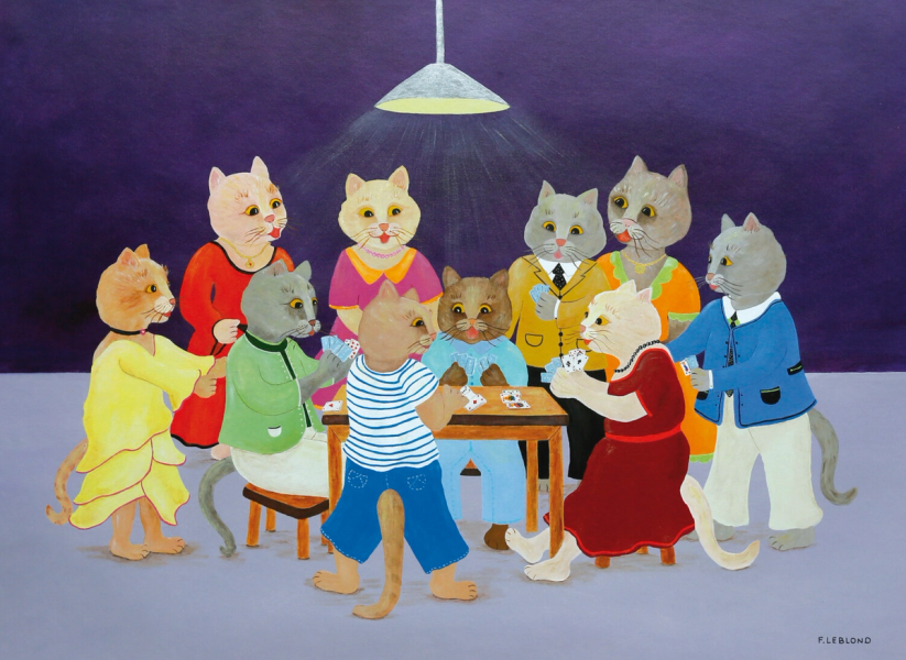 Françoice Lablond's "Le tripot" enthüllt eine Gruppe hübsch angezogener Katzen in farbenfrohen Gemälde bei Kartenspiel 