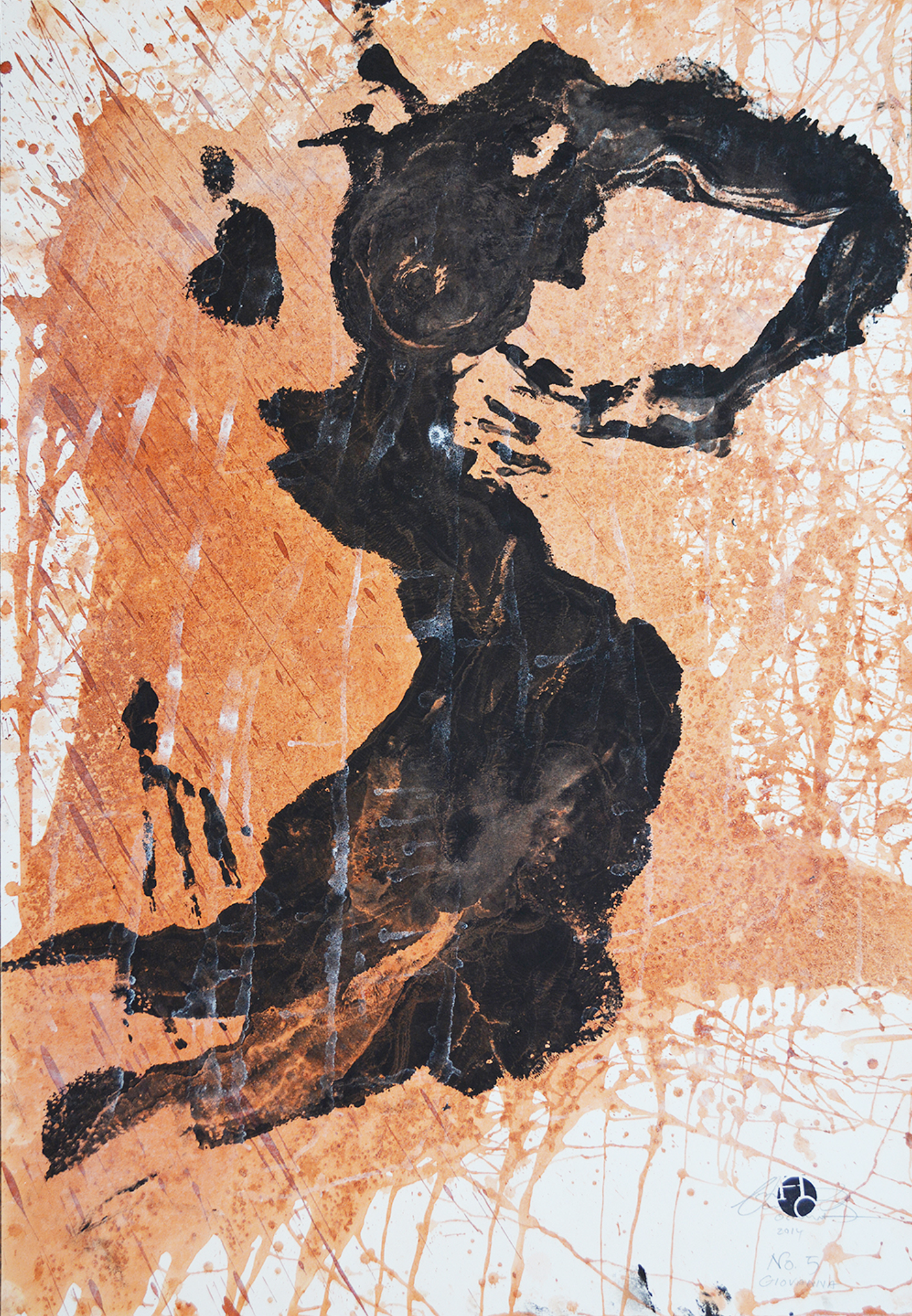 Hushang Omidizadeh peinture abstraite corps empreinte d'une femme en noir et orange