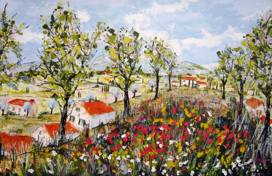 Jean-Pierre Borderies Bild "Dans les champs de fleurs" ist ein farbenfrohes figuratives Landschaftsgemälde. 
