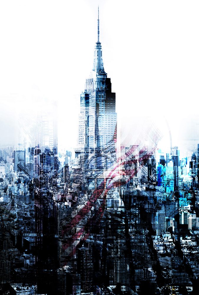 Jörg Conrad Composizione a collage Vista città grattacielo di New York in blu
