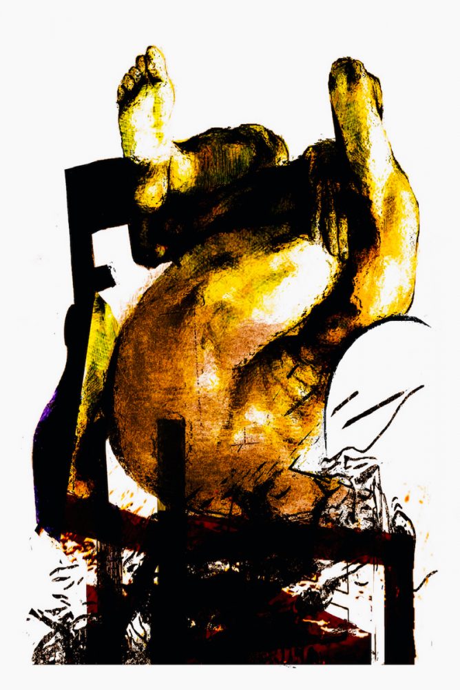 Klaus Heckhoff abstrakte Malerei Illustration auf dem Kopf liegender Mensch auf Stuhl
