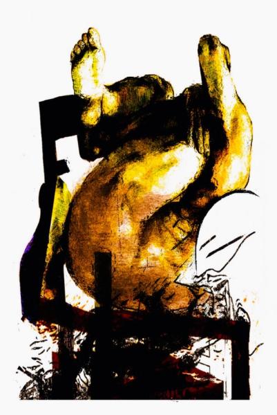 Klaus Heckhoff abstract painting illustration man lying on his head on chair