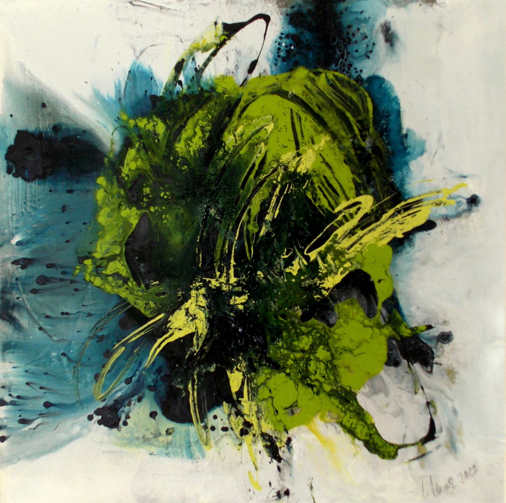 En la pintura expresionista, abstracta y colorista "Clearing 3" de Christa Haack dominan los colores amarillo, verde y azul.