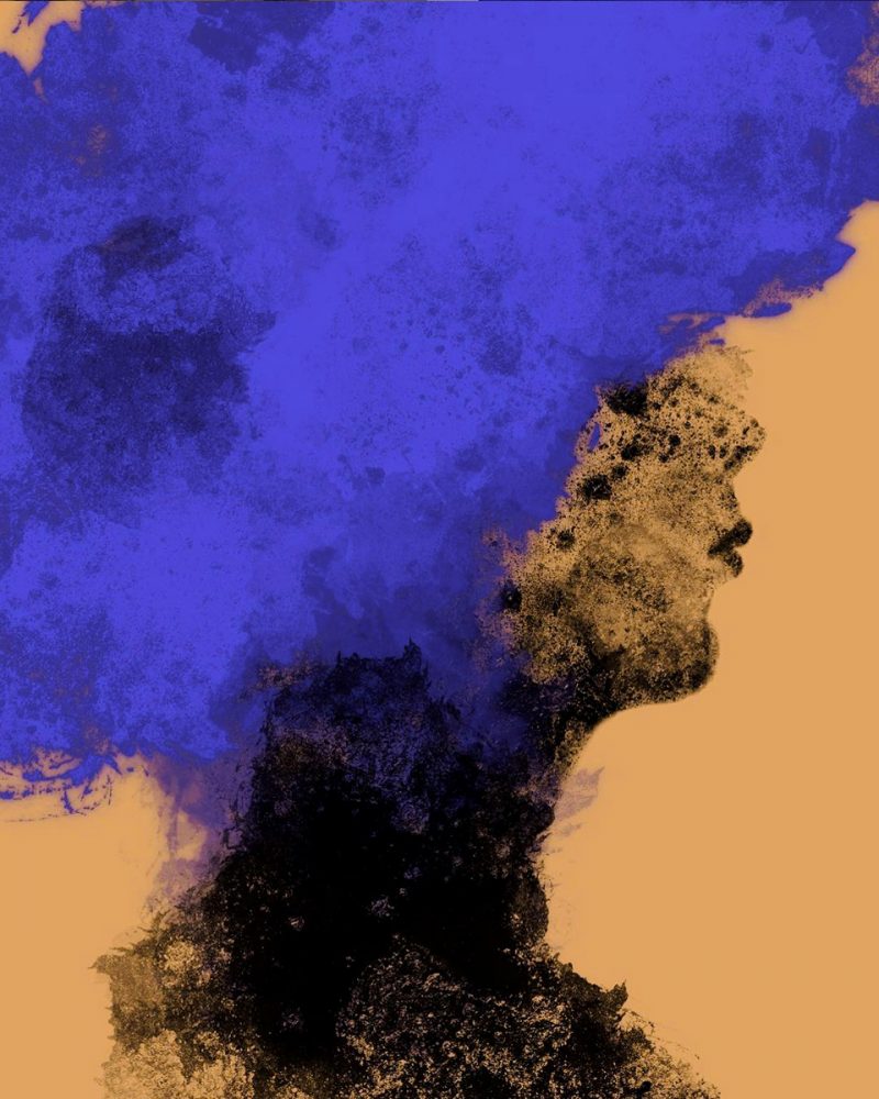 Zoko dibujo digital retrato abstracto de perfil con el pelo azul sobre fondo amarillo
