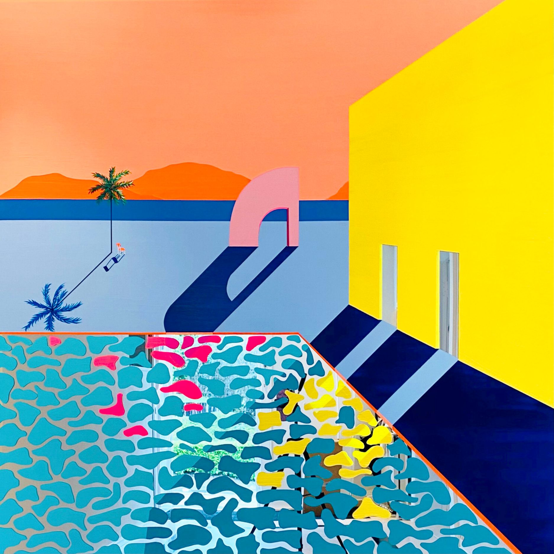 Isabelle Derecque,"Painting for the tacos delivery boy"  Farbenfrohes Gemälde, an einem geheimnisvoll farbigen Swimming Pool Orte auf Plexispiegel in Pop-Up Stil mit fröhlichen und energischen Farben gemalt. Visualisiert durch Geometrie, Perspektiven, Kontraste und Spiegelungen.