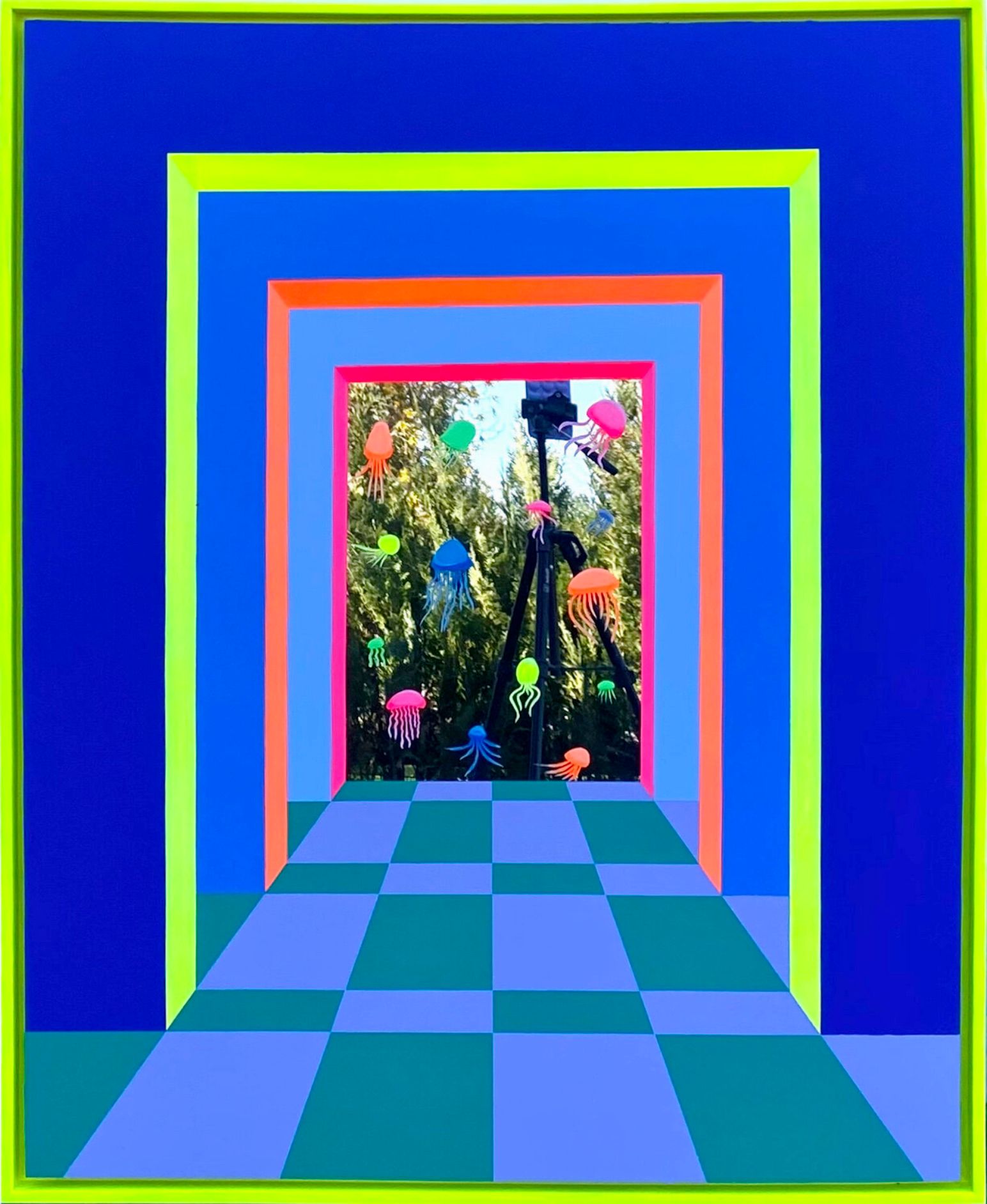 伊莎贝尔-德雷克，"水族馆 "彩色绘画，在一个神秘的彩色地方，居住着海洋生物，以弹出式风格画在plexi镜子上，色彩欢快而有活力。通过几何学、透视、对比和反射进行可视化。