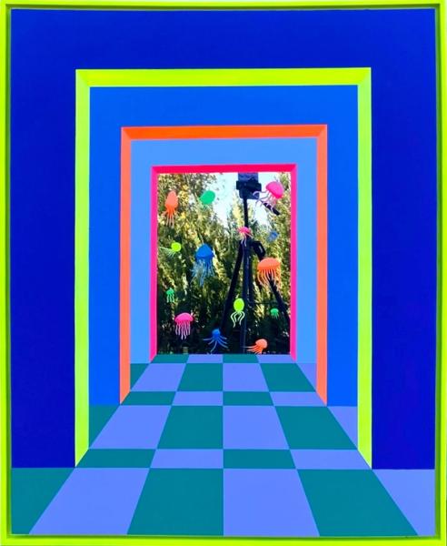 Isabelle Derecque, "The aquarium"  Farbenfrohes Gemälde, an einem geheimnisvoll farbigen Ort, bewohnt von Meeresbewohnern und auf Plexispiegel in Pop-Up Stil mit fröhlichen und energischen Farben gemalt. Visualisiert durch Geometrie, Perspektiven, Kontraste und Spiegelungen.