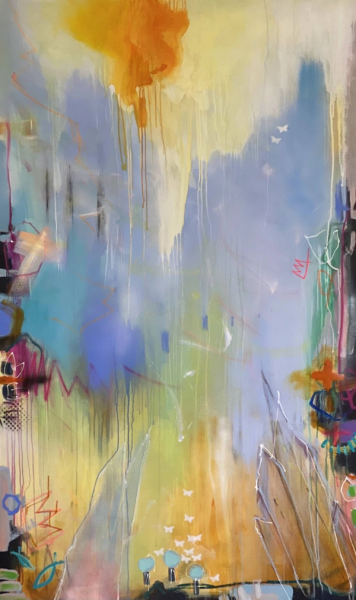 Bea G Schuberts "Fly me to the Moon Nr.1" ist ein abstraktes farbenfrohes Gemälde auf Leinwand.